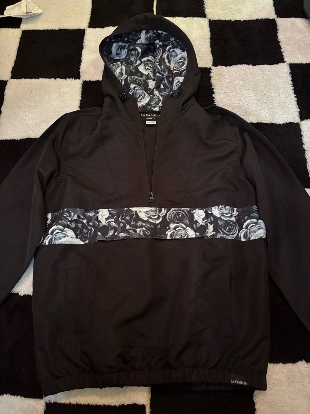 Black Hooded Lightweight Shirt Jacket with Floral Accent